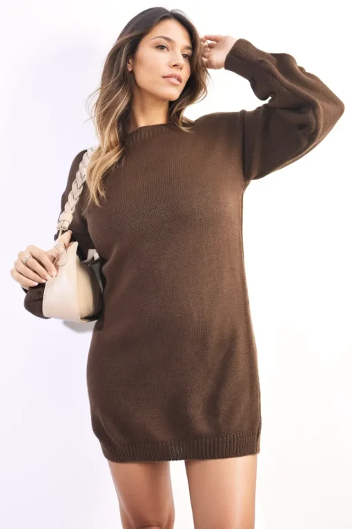 Brown Avah Cable Knit Mini Dress with Cut Out Detail<IKRUSH Clearance