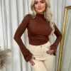 Brown Catalina Ruched High Neck Flare Long Sleeve Top<IKRUSH Best