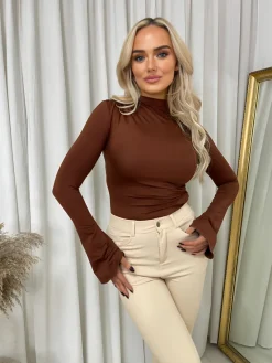 Brown Catalina Ruched High Neck Flare Long Sleeve Top<IKRUSH Best