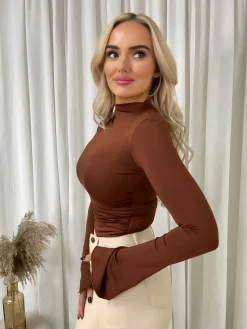 Brown Catalina Ruched High Neck Flare Long Sleeve Top<IKRUSH Best