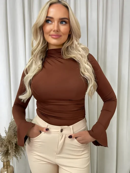 Brown Catalina Ruched High Neck Flare Long Sleeve Top<IKRUSH Best