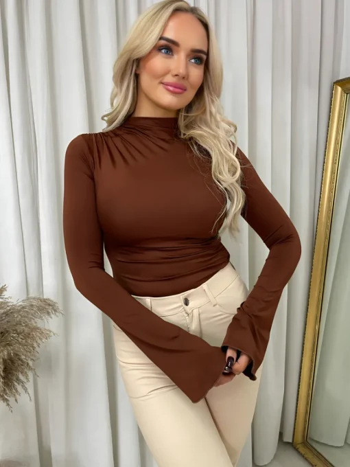 Brown Catalina Ruched High Neck Flare Long Sleeve Top<IKRUSH Best