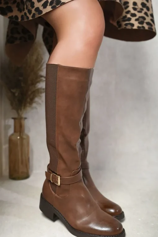 Brown Elena Knee High Buckle Boots<IKRUSH New