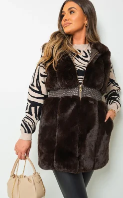 Brown Emilee Faux Fur Zip Up Gilet<IKRUSH Discount