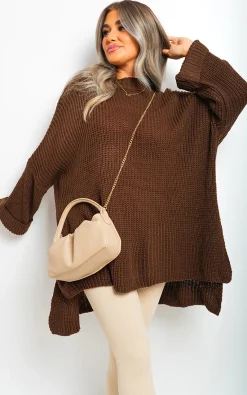 Brown Faye High Neck Oversized Long Sleeve Knitted Jumper<IKRUSH Clearance