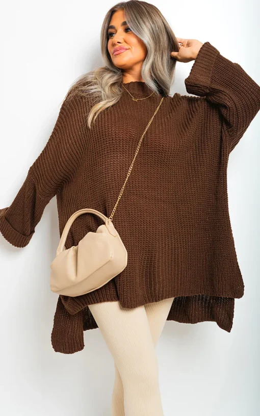 Brown Faye High Neck Oversized Long Sleeve Knitted Jumper<IKRUSH Clearance