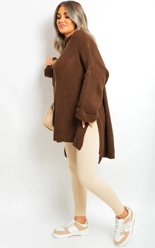 Brown Faye High Neck Oversized Long Sleeve Knitted Jumper<IKRUSH Clearance