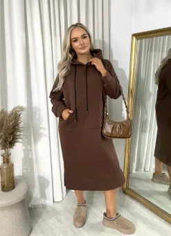 Brown Jenna Kangaroo Pocket Long Loose Hoodie<IKRUSH Online
