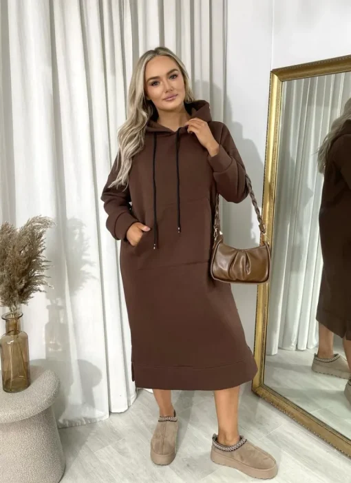 Brown Jenna Kangaroo Pocket Long Loose Hoodie<IKRUSH Online