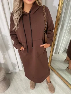 Brown Jenna Kangaroo Pocket Long Loose Hoodie<IKRUSH Online
