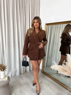 Brown Liyana Collared Long Sleeve V-Neck Belted Top and Mini Skirt Co-ord Set<IKRUSH Hot