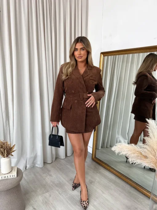 Brown Liyana Collared Long Sleeve V-Neck Belted Top and Mini Skirt Co-ord Set<IKRUSH Hot