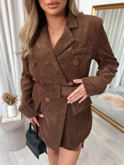 Brown Liyana Collared Long Sleeve V-Neck Belted Top and Mini Skirt Co-ord Set<IKRUSH Hot