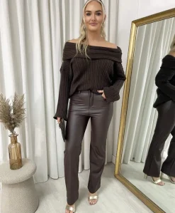 Brown Lucia High Waisted Faux Leather Trouser<IKRUSH Online