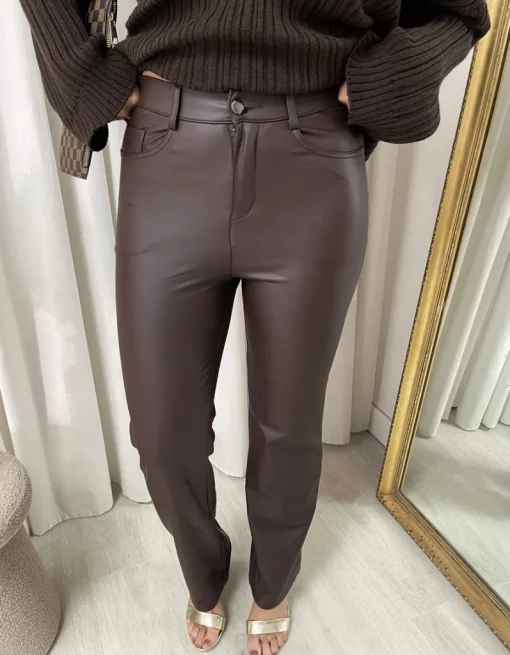 Brown Lucia High Waisted Faux Leather Trouser<IKRUSH Online