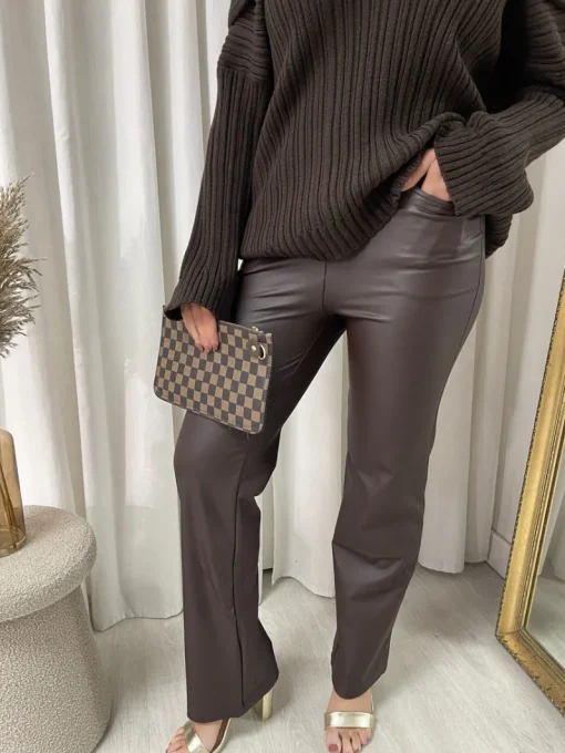 Brown Lucia High Waisted Faux Leather Trouser<IKRUSH Online