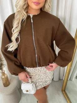 Brown Mila Cropped Zip Up Balloon Sleeve Bomber Jacket<IKRUSH Discount