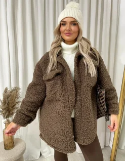 Brown Monica Button Down Collared Winter Coat Jacket<IKRUSH Discount