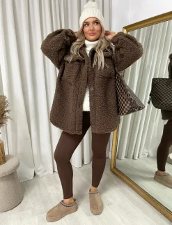 Brown Monica Button Down Collared Winter Coat Jacket<IKRUSH Discount