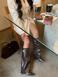 Brown Myla Skirted Fold Over Buckle Pointed Toe High Boots<IKRUSH Online