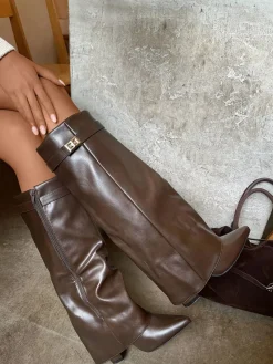 Brown Myla Skirted Fold Over Buckle Pointed Toe High Boots<IKRUSH Online