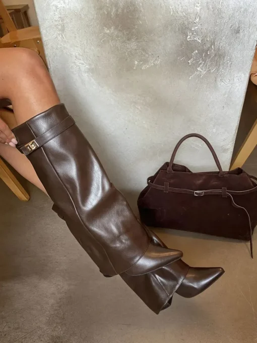 Brown Myla Skirted Fold Over Buckle Pointed Toe High Boots<IKRUSH Online