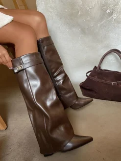 Brown Myla Skirted Fold Over Buckle Pointed Toe High Boots<IKRUSH Online