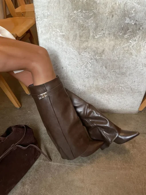 Brown Myla Skirted Fold Over Buckle Pointed Toe High Boots<IKRUSH Online