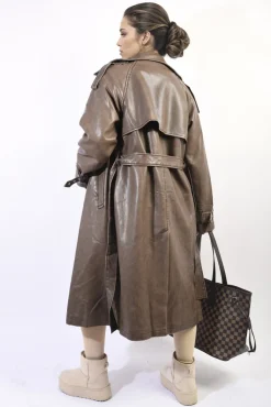 Brown Nathalie Lapel Neck Belted Trench Coat Jacket<IKRUSH Hot