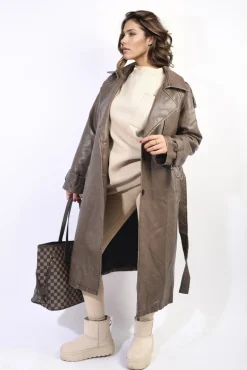 Brown Nathalie Lapel Neck Belted Trench Coat Jacket<IKRUSH Hot