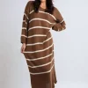 Brown Priscilla Long Sleeve Striped Knitted Dress<IKRUSH Outlet