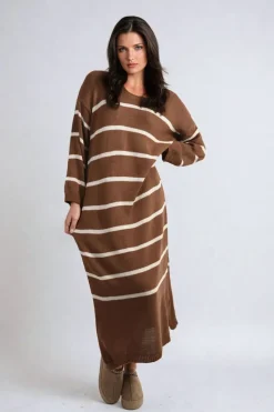 Brown Priscilla Long Sleeve Striped Knitted Dress<IKRUSH Outlet