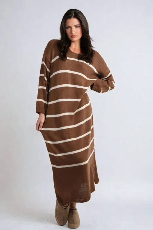 Brown Priscilla Long Sleeve Striped Knitted Dress<IKRUSH Outlet