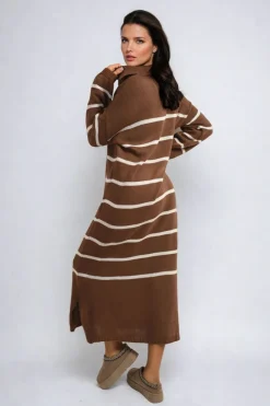 Brown Priscilla Long Sleeve Striped Knitted Dress<IKRUSH Outlet