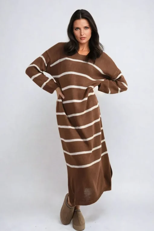 Brown Priscilla Long Sleeve Striped Knitted Dress<IKRUSH Outlet