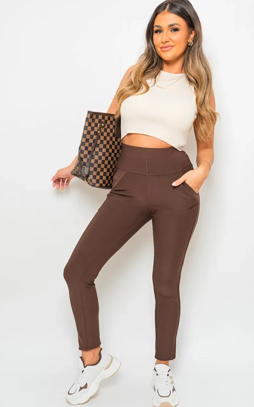Brown Selene Wide Waistband Trouser with Front Pockets<IKRUSH Hot