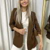 Brown Valerie Ruched Sleeve Open Front Blazer Jacket with Front Pockets<IKRUSH New