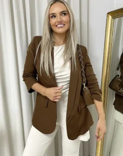 Brown Valerie Ruched Sleeve Open Front Blazer Jacket with Front Pockets<IKRUSH New