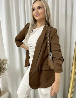 Brown Valerie Ruched Sleeve Open Front Blazer Jacket with Front Pockets<IKRUSH New