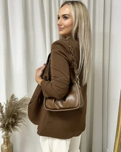 Brown Valerie Ruched Sleeve Open Front Blazer Jacket with Front Pockets<IKRUSH New