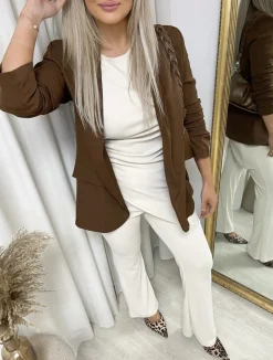 Brown Valerie Ruched Sleeve Open Front Blazer Jacket with Front Pockets<IKRUSH New