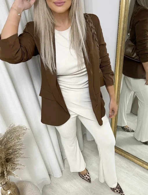 Brown Valerie Ruched Sleeve Open Front Blazer Jacket with Front Pockets<IKRUSH New