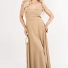 Camel Adina Cowl Neck Tie Strap Maxi Dress with Thigh Split<IKRUSH Sale