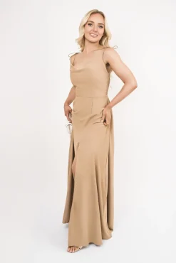 Camel Adina Cowl Neck Tie Strap Maxi Dress with Thigh Split<IKRUSH Sale