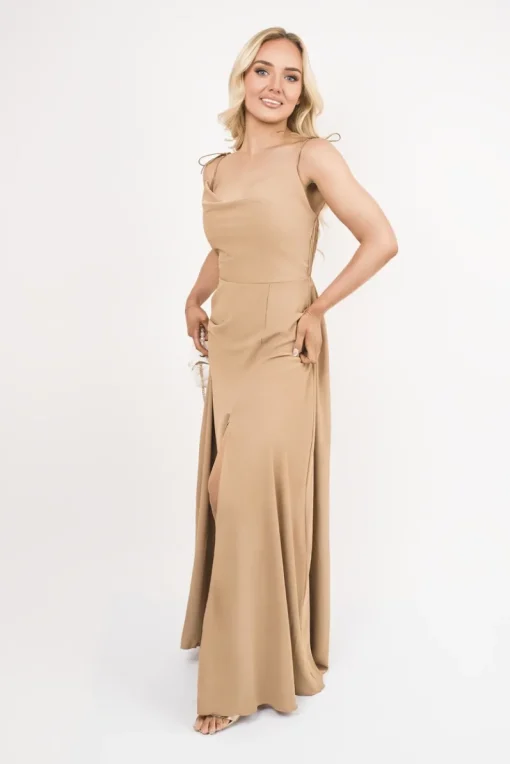 Camel Adina Cowl Neck Tie Strap Maxi Dress with Thigh Split<IKRUSH Sale