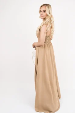 Camel Adina Cowl Neck Tie Strap Maxi Dress with Thigh Split<IKRUSH Sale