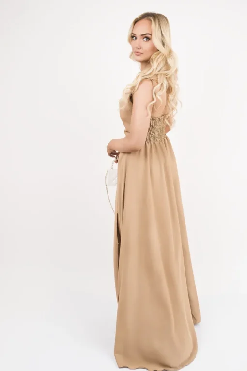 Camel Adina Cowl Neck Tie Strap Maxi Dress with Thigh Split<IKRUSH Sale