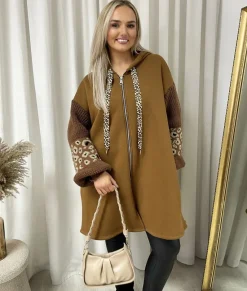 Camel Angelina Leopard Print Knitted Sleeve Hoodie<IKRUSH Fashion