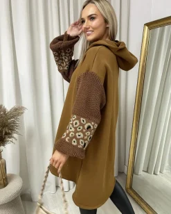 Camel Angelina Leopard Print Knitted Sleeve Hoodie<IKRUSH Fashion