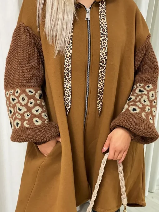 Camel Angelina Leopard Print Knitted Sleeve Hoodie<IKRUSH Fashion